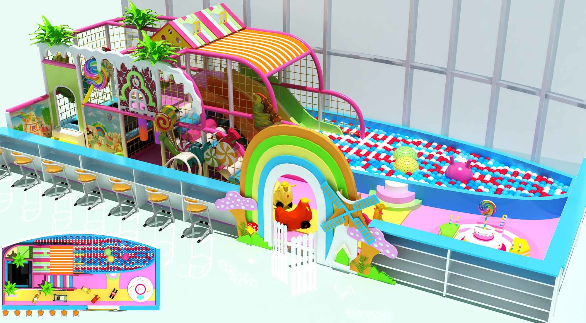 candy theme kids playscape children's play gym with large ball pit indoor slide for kids