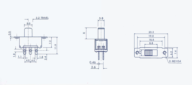 1P2T 90 Degree Vertical Interruptor On Off Sliding Switch