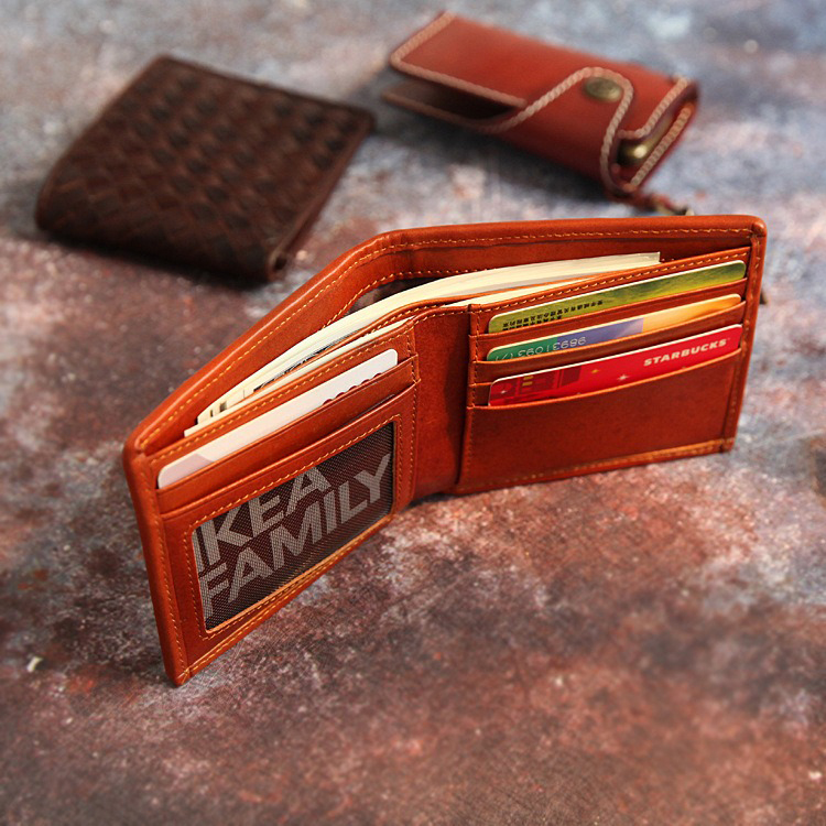 Woven Cowhide Leather Retro Handmade Short Wallet with Open Closure Package Weight 0.1kg