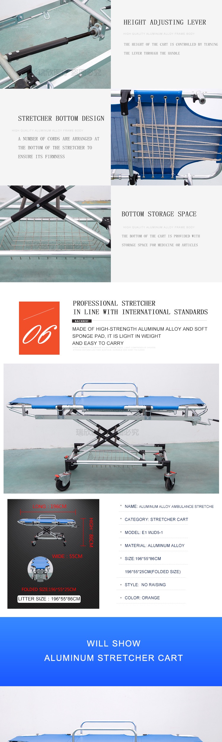 Aluminum Alloy Emergency Hospital Bed Blue Emergency Stretcher Bed