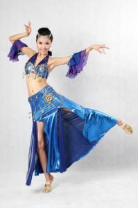 China Royal Blue Metallic Belly Dance Performance Wear Bras &amp; Skirt Belly Dance Clothes wholesale