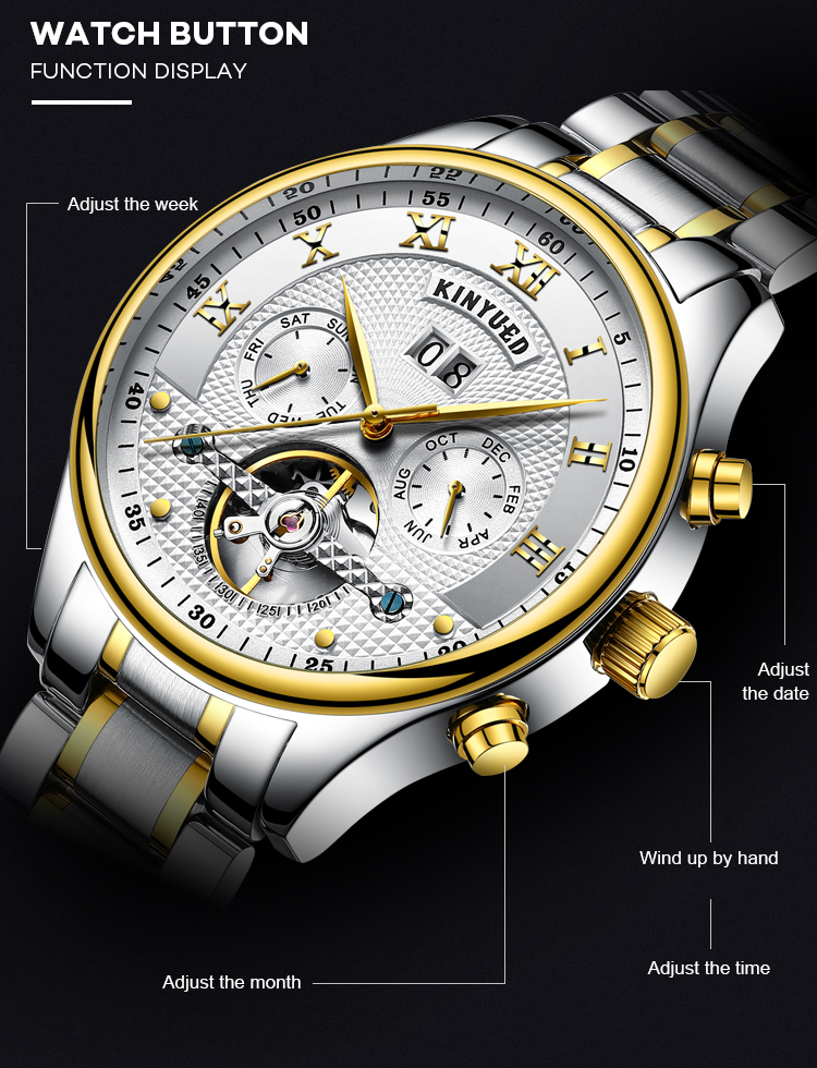 KINYUED Brand Two-Tone Gold Silver Case Automatic Movement Solid Stainless Steel Strap Waterproof Mechanical Men's Watch