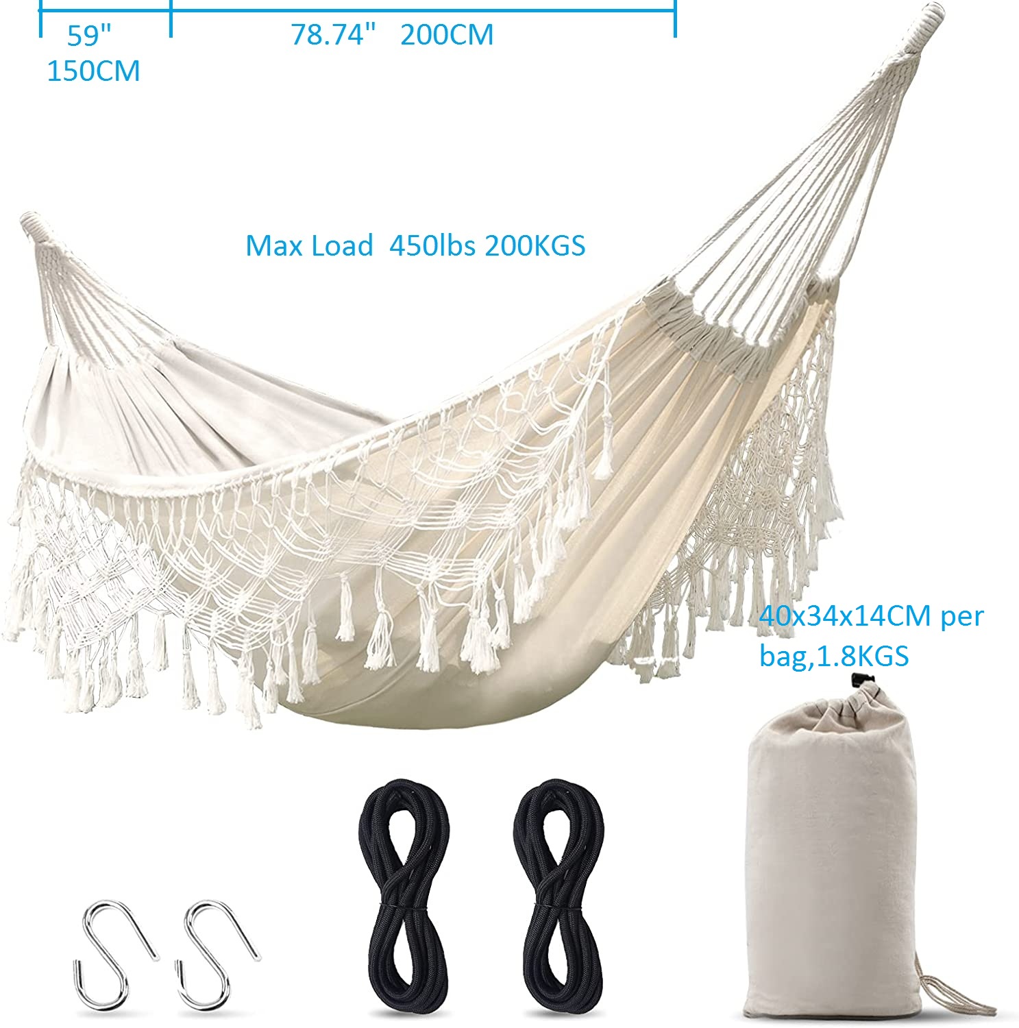 Collapsible Ultralight Cotton Double Swing Hanging Hammock Bed for Camping and Garden