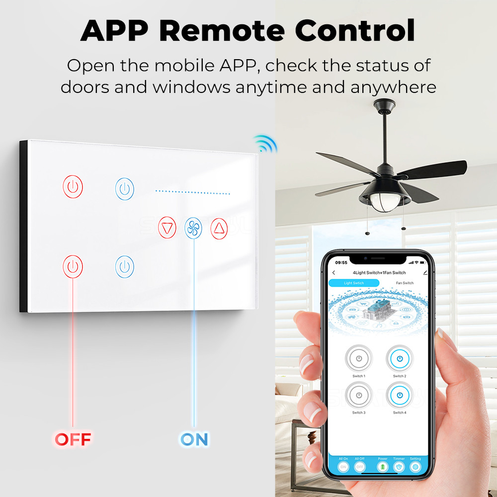 Tuya WiFi Smart Light 4 gang Switch Ceiling Fan Speed Control​​ Timer Voice Power Monitor Support Alexa Google Home Tmall Genie 100-240V