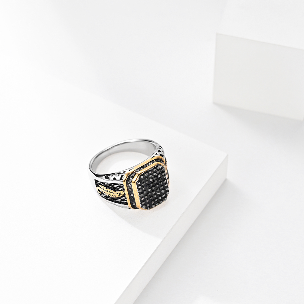Black 18k Gold Plated Mens Ring Jewelry Gemstone Stainless Steel Men Rings Custom
