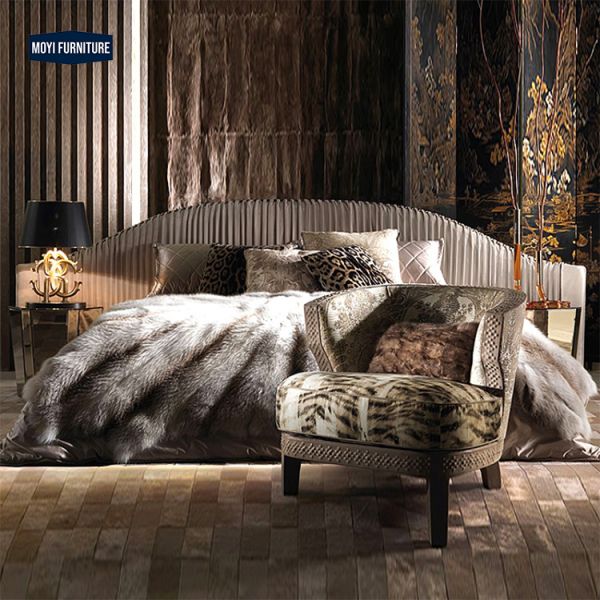 Mail Packing Modern Luxury King Size Bed Wide Headboard Gold Stainless Steel Fabric Bedroom Bed Set Designs Furniture