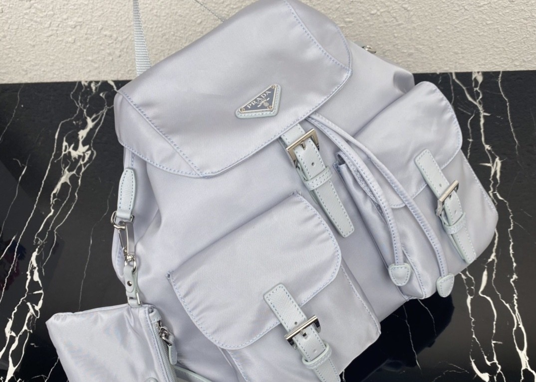 Detachable Small Blue 30cm Womens Nylon Backpack Triangle Logo