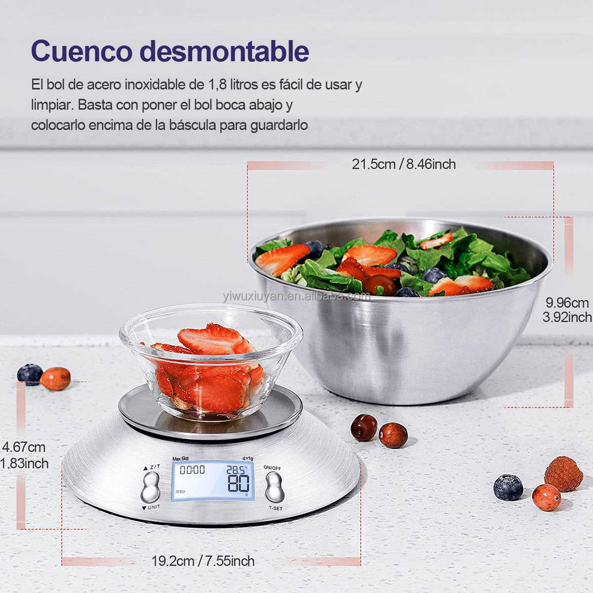 Stainless Steel Digital Kitchen Scale High Accuracy 5kg/1g with Removable Knead Dough Bowl and Room Timer Battery Powered