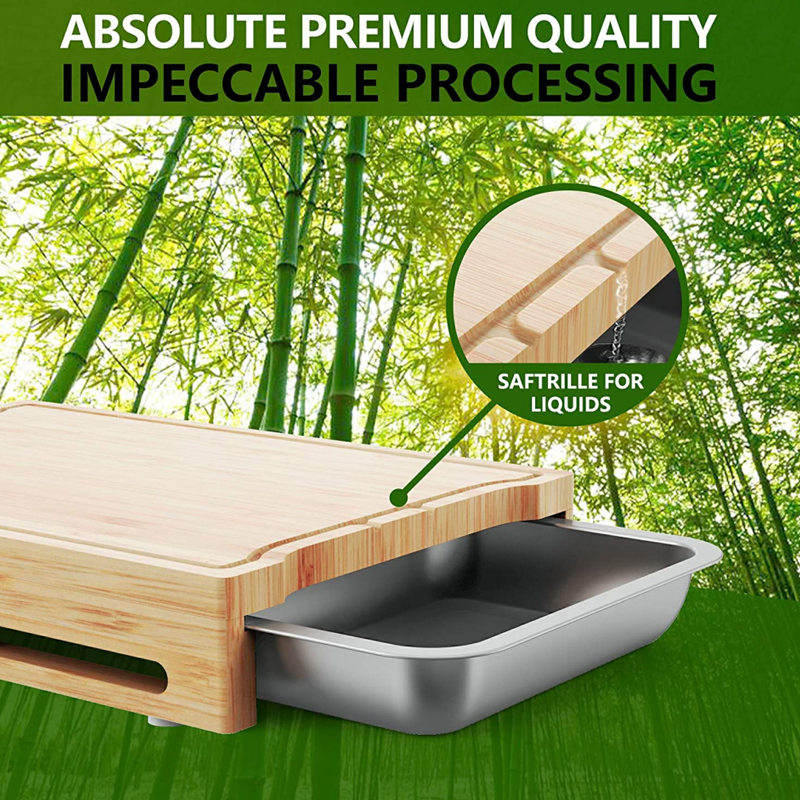 Custom Sustainable Rectangle Bamboo Chopping Board with Stainless Steel Drip Trays