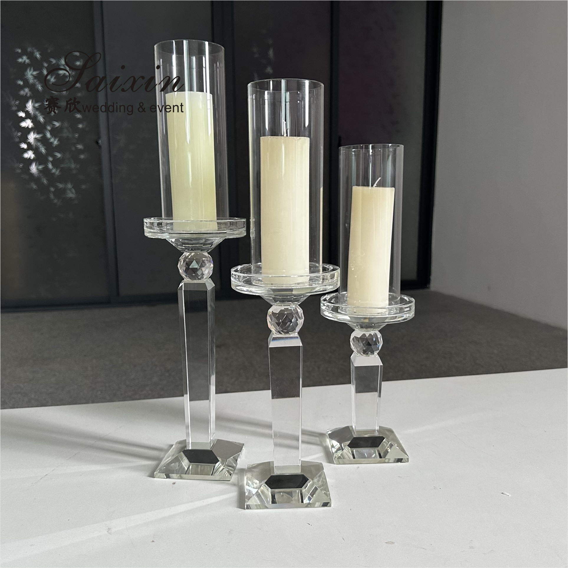 Clear Crystal Taper Wedding Candle Holder Wedding Table Decoration 3pcs Set 29CM