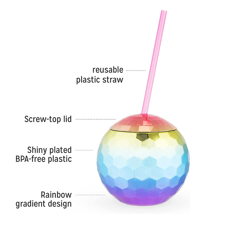 Light Up Disco Ball Drink Cup With Straws 450ml Unbreakable
