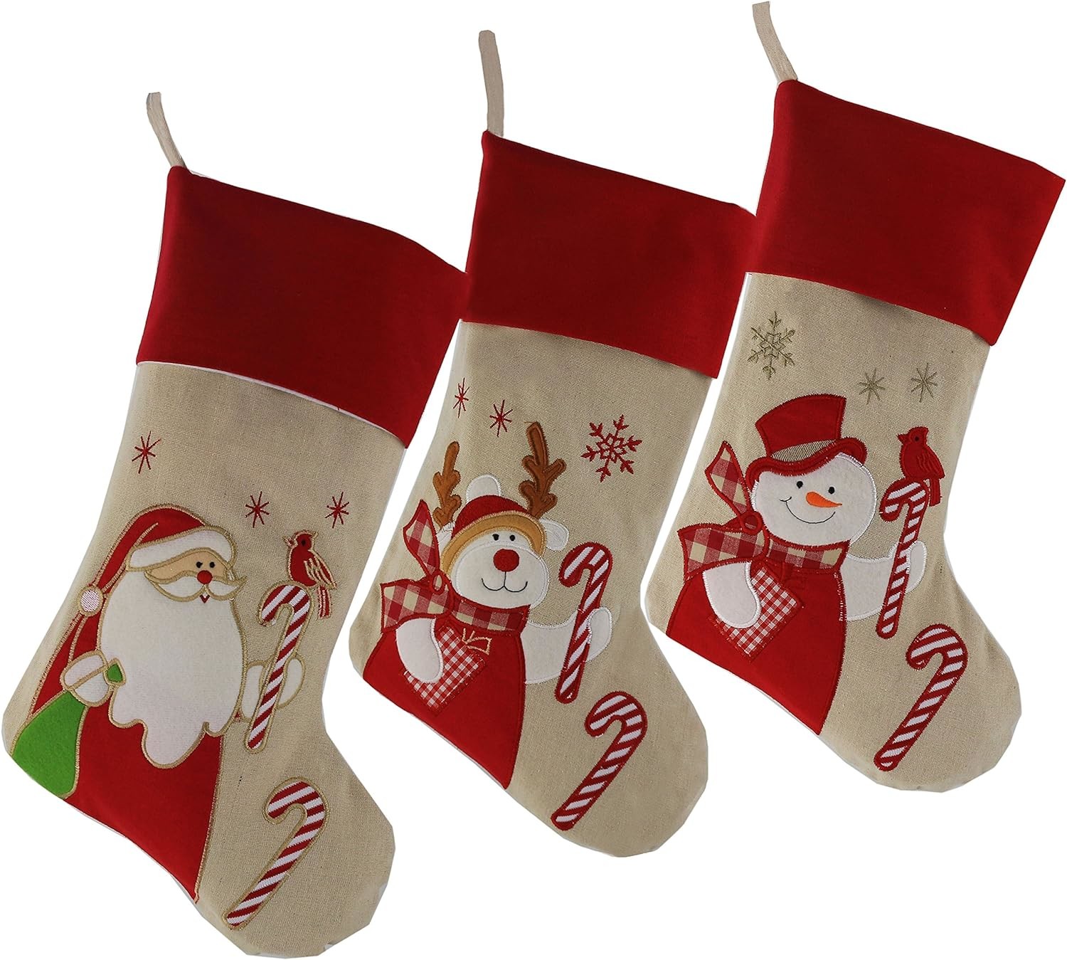 Christmas Stockings Set of 3 Character 3D Plush Linen Hanging Knit Border Plush Faux Fur Cuff Stockings for Home Decor
