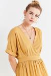 Latest Gold Linen Maxi Long Wrap V-neck Woman Dress with Pockets