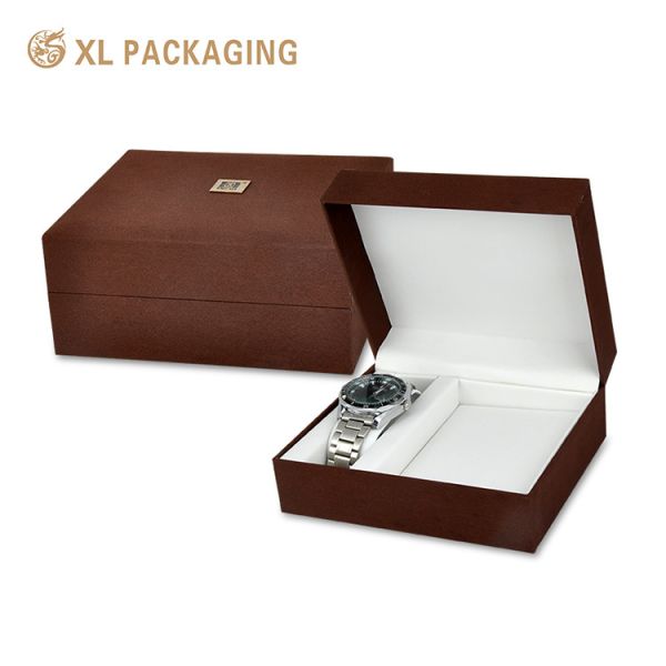 Custom Logo Flip-Top Watch Box With Lychee Texture Faux Leather Paper for Jewelry and Watch Gift Packaging