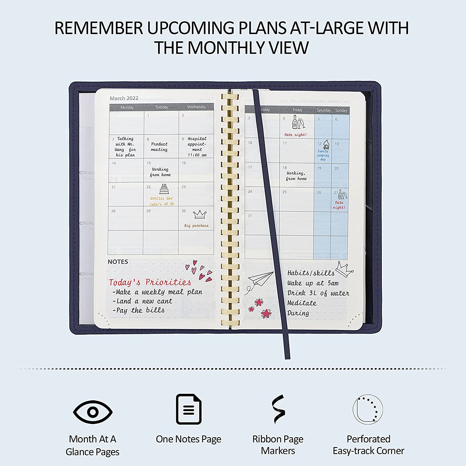 Navy Blue Pocket Size Weekly Planner 12 Month Customization Available