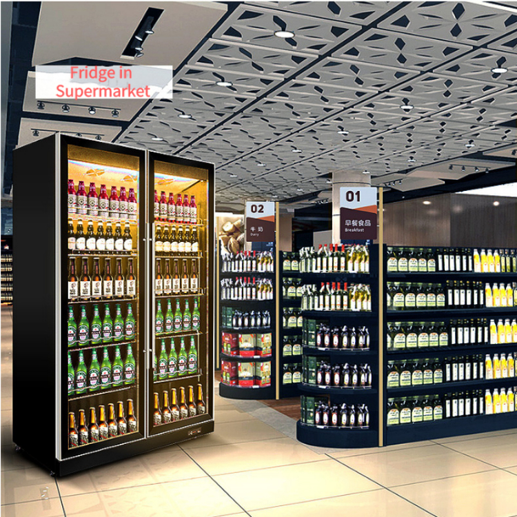 220V-240V Vertical Display Fridge , Multicolor LED Upright Glass Door Chiller