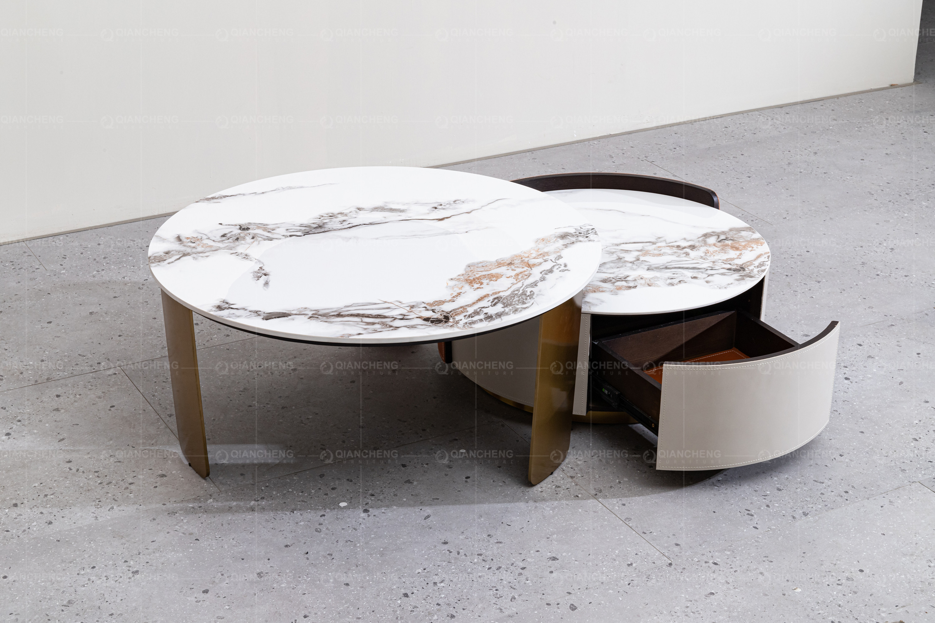 Round Nesting SS Coffee Table With Storage Marble Top Brushed Gold Set Of 2