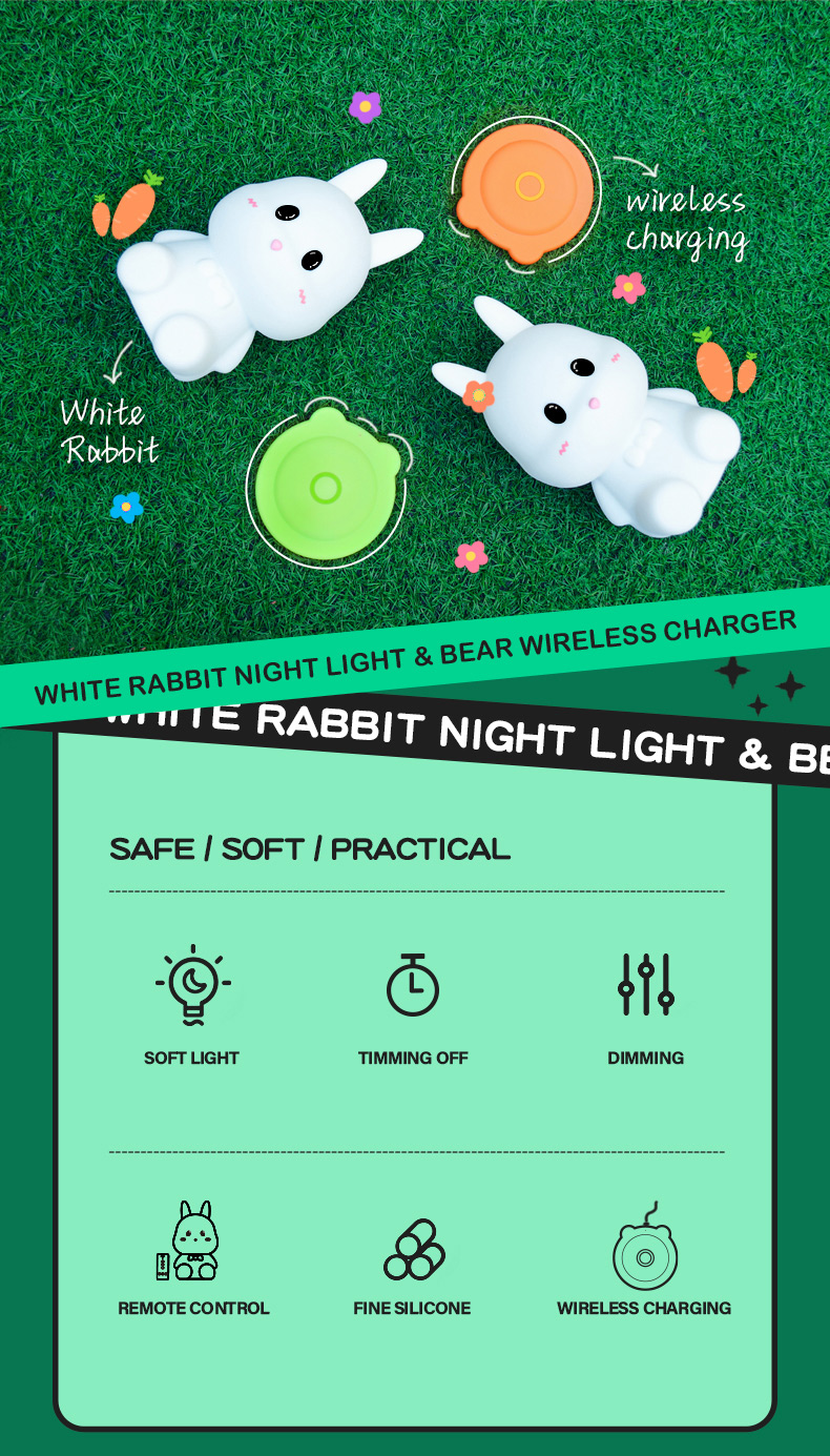Baby Night Lamp with LED Light Source Bunny Rabbit Shaped Smart Touch Night Light
