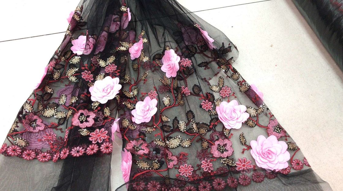 Flower Embroidered Sequin Lace Fabric , Multi Colored 3D Flower Mesh Lace Fabrics