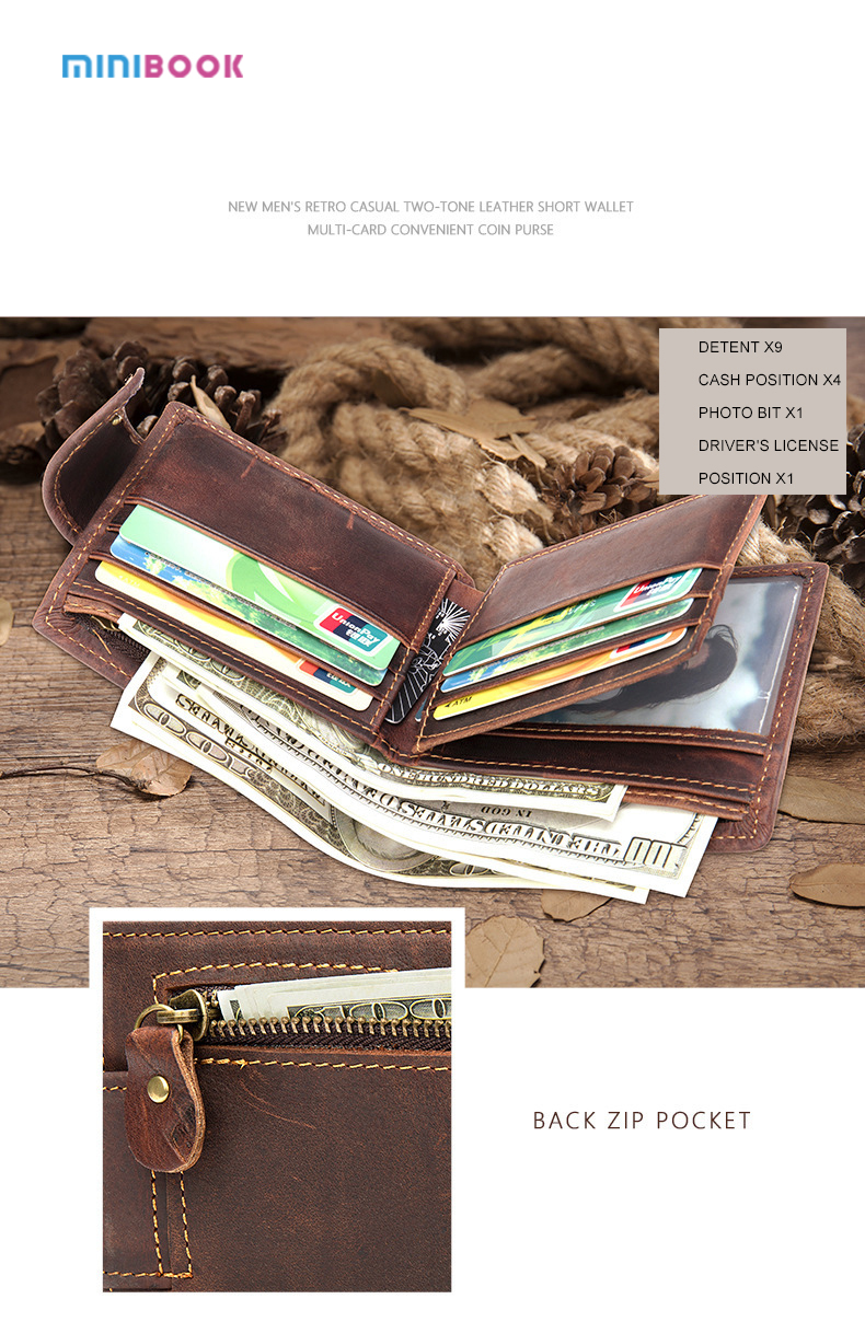 Customize Logo Design Short Men's Wallet in Genuine Leather with Zipper Closure