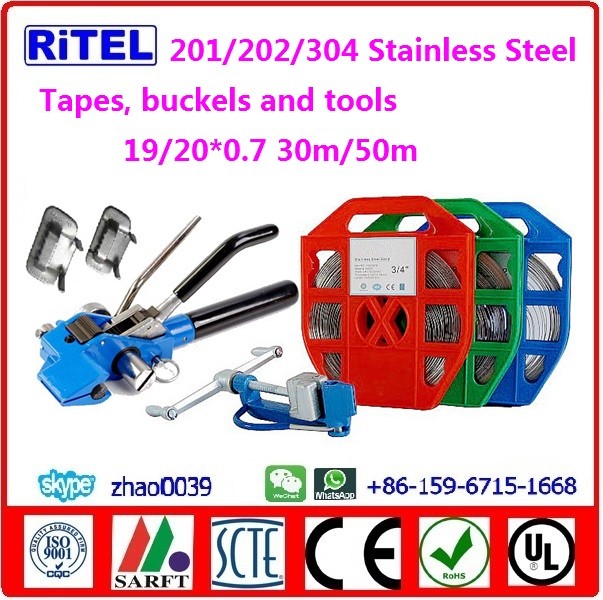 201/202/304 high strength stainless steel tape/band, buckels and tools for fiber optical cable installation