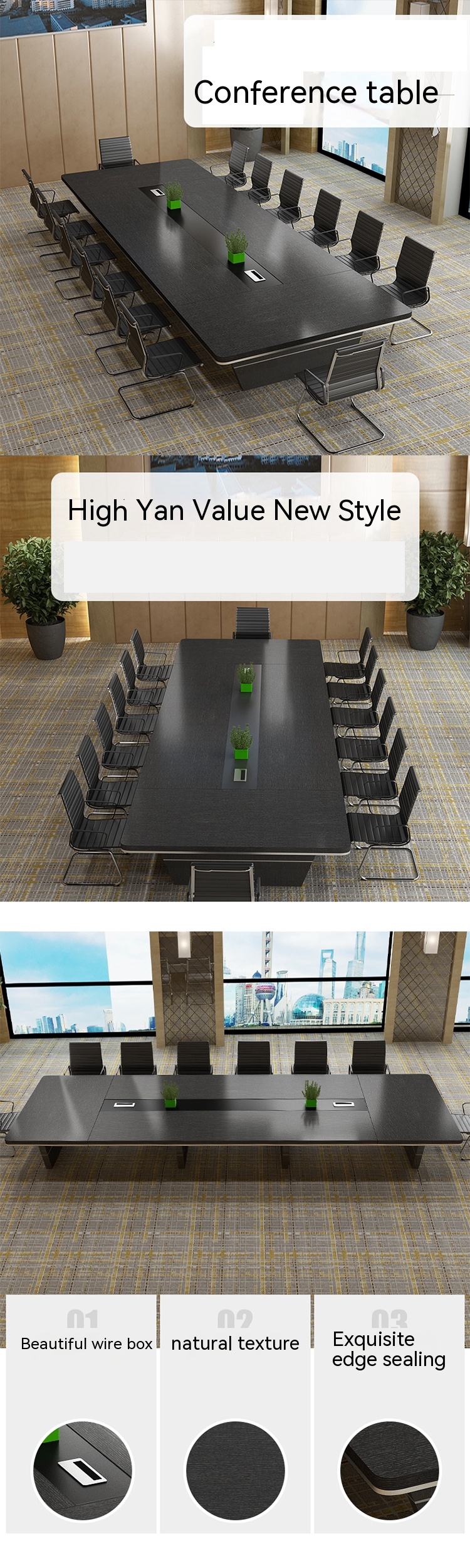 Large Rounded Corner Black Conference Table for Creative Training in Hotel and Hospital