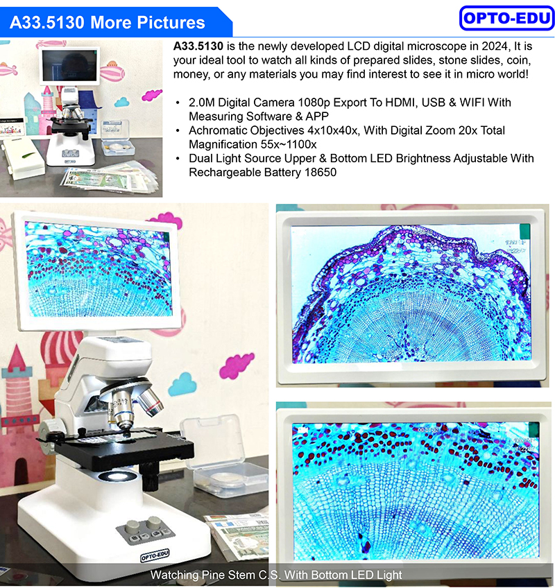 OPTO-EDU A33.5130 Digital Microscope with LED Lights Triple Nosepiece and 8MP Camera