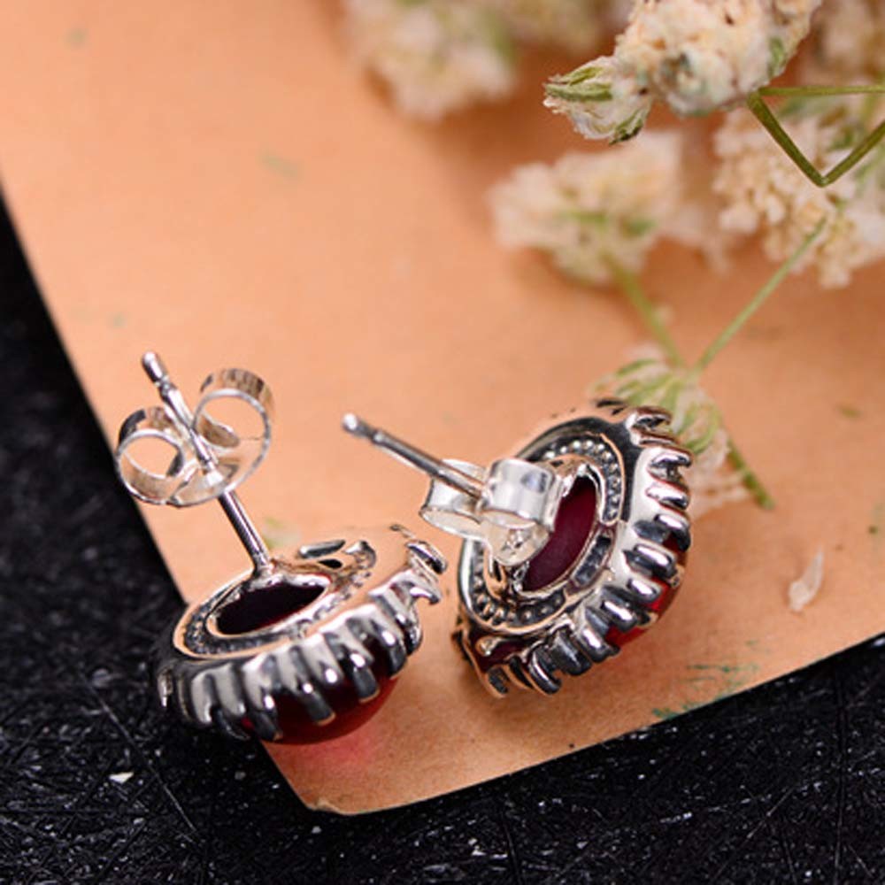 Women Retro Earrings 925 Sterling Silver Synthetic Ruby Stud Earrings (044760)