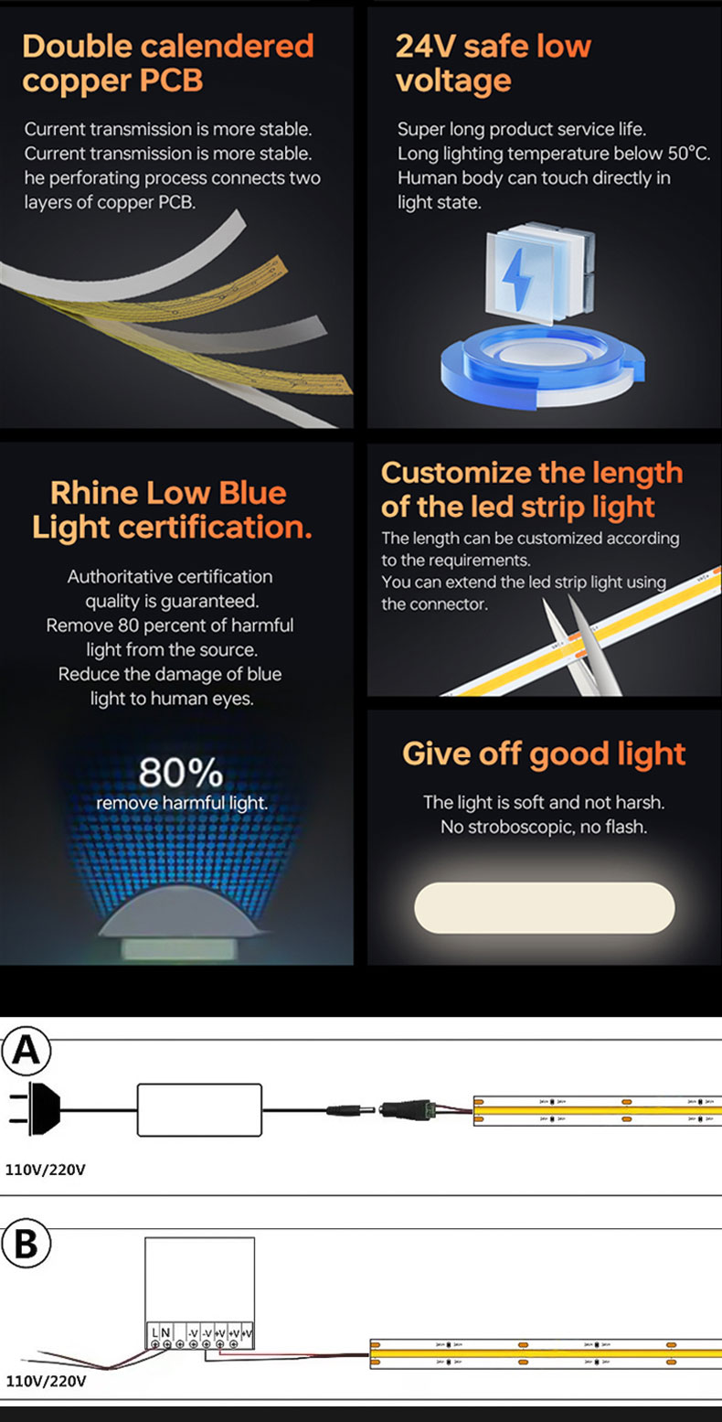 Electroplate COB 24v COB 320Ds 8mm Ra 85 Golden Yellow Light Strip for Home Lighting