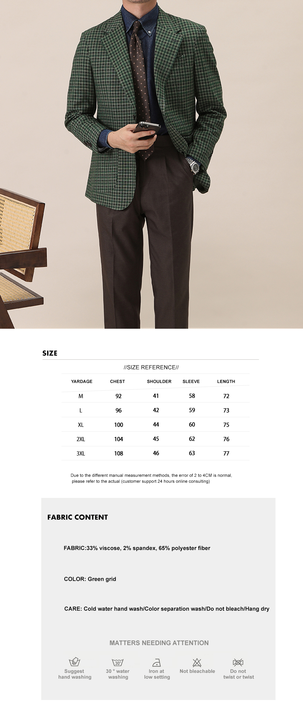 Polyester/Rayon Fabric Men's Suit Retro Single Breasted No Ironing Needed Green Plaid