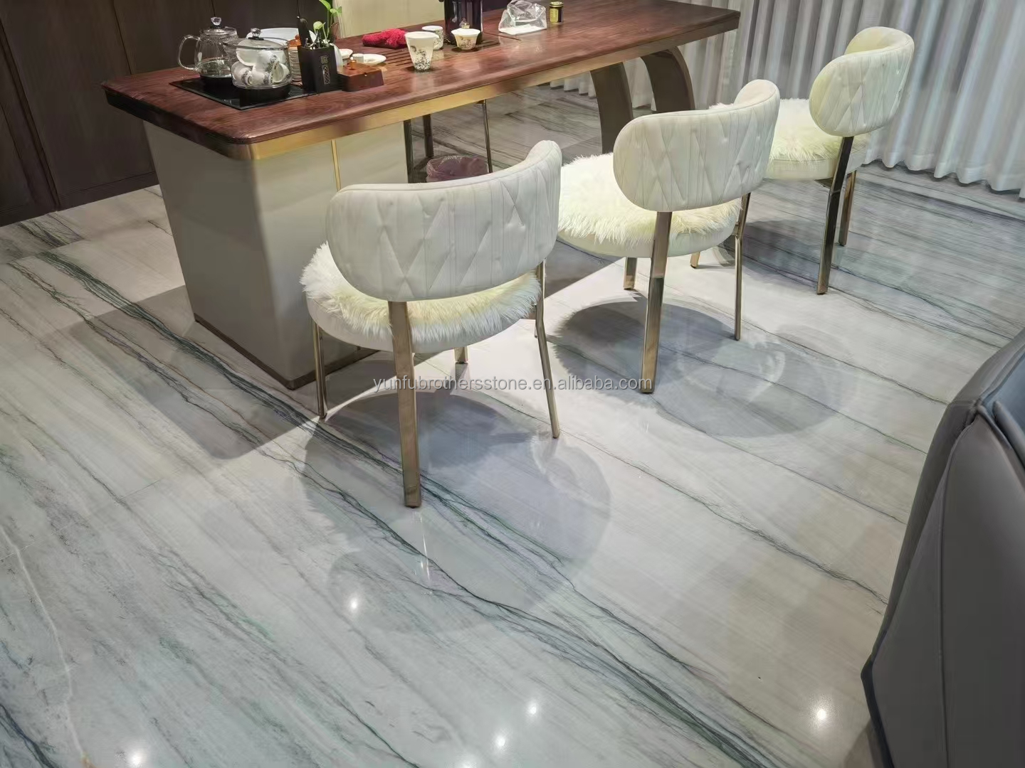 Modern Kitchen Floor and Stair White with Green/Grey Veins Calacatta Marble Book Match Table Countertop