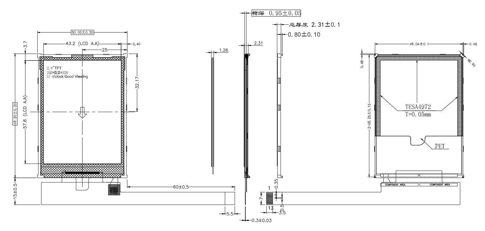 2.8 Inch TFT LCD Display Manufacturer China 240x320 Dots TN SPI Serial Interface