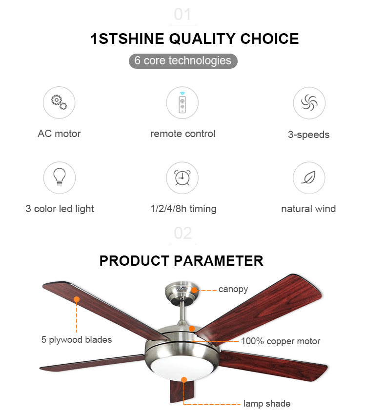 110V/50Hz Voltage 1stshine Ceiling Fan with 52 Inch Air Cooling Motor and Remote Control