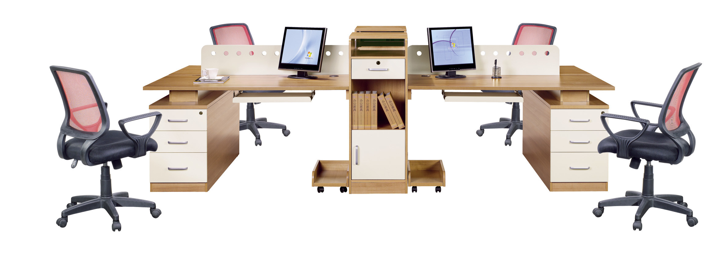 Light Cherry 4 Seat Office Workstation Desk / Partition Workstation Table