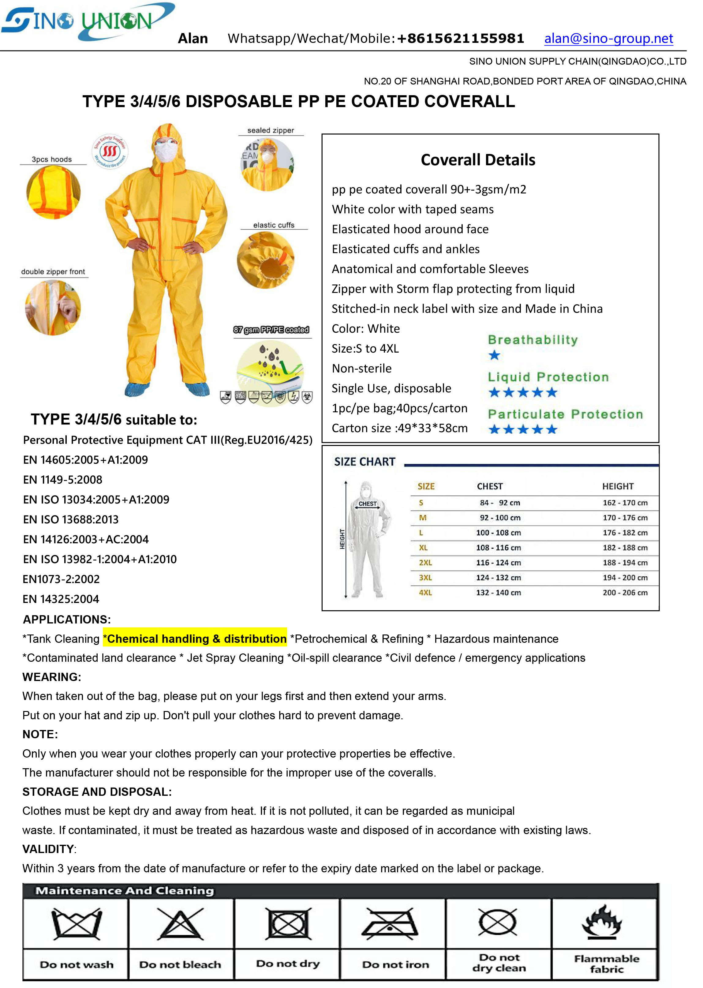 Yellow Type 3 Disposable Coverall Pp Pe Coated Heavy Industry For Oil