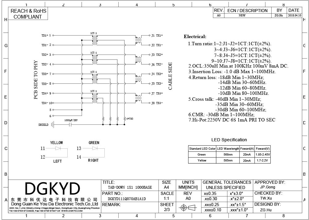 1X2 8P10C TAB Down RJ45 Ethernet Connector With LED