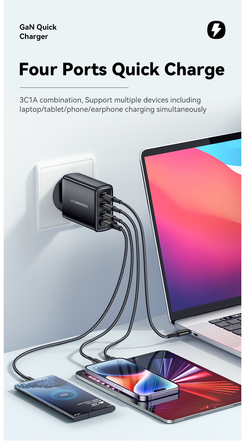 Essagar GaN Chargers 120W USB Type-C 3 Type C And 1 USB A Fast Cell Phone Wall Charger