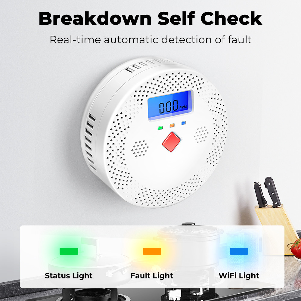 Tuya Wifi Carbon Monoxide Detector Smart Air Quality Monitor CO Sound Light Alarm Detector LCD Digital Display Home Air Quality Tester