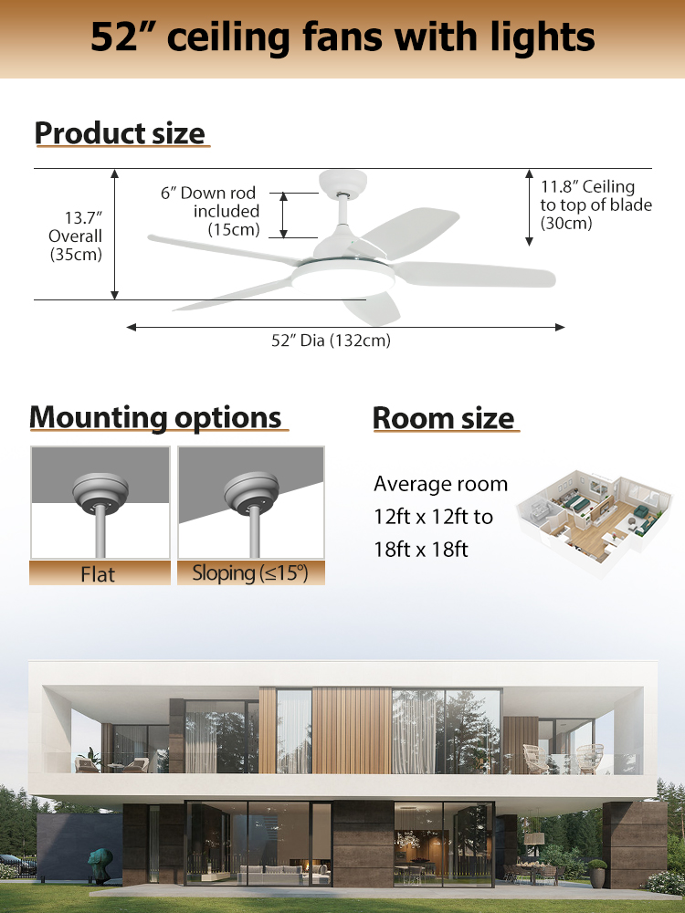 Quiet 52 Inch ABS Ceiling Fan with LED Light and Remote Control Cooling Air Function