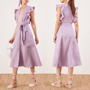 China Clothing Fashion Women Ruffle Shoulder Midi Linen Dress Ladies wholesale