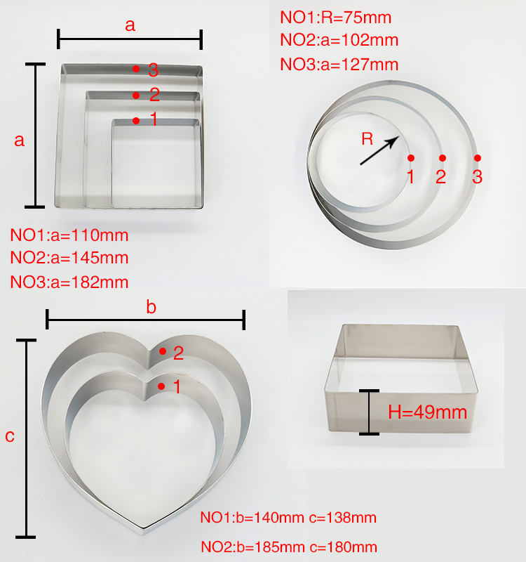 RK Bakeware China Foodservice NSF Stainless Steel Mousse Cake Ring, Round Heart Square Dessert Mousse Ring