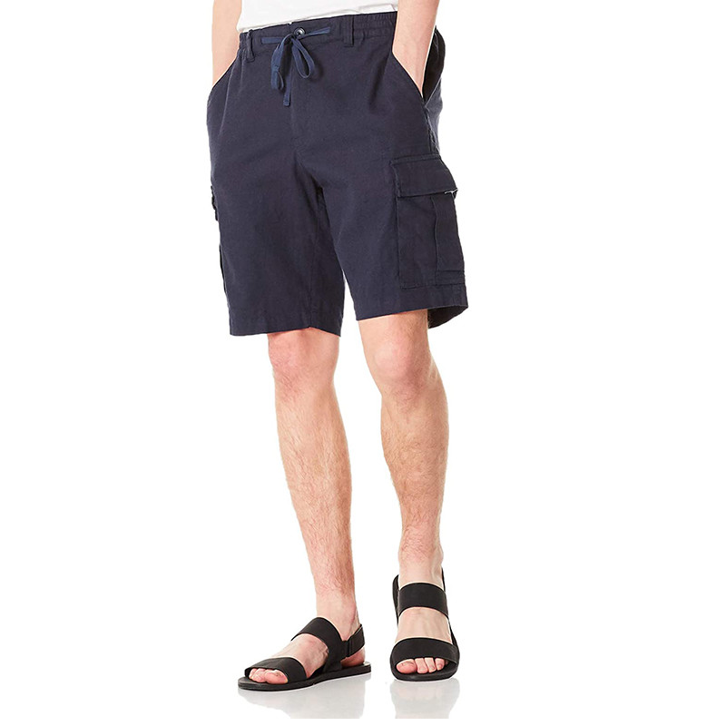 Men'S Cotton Linen Blend Cargo Shorts 9.5 Inch Inseam Shorts Drawstring Button Closure