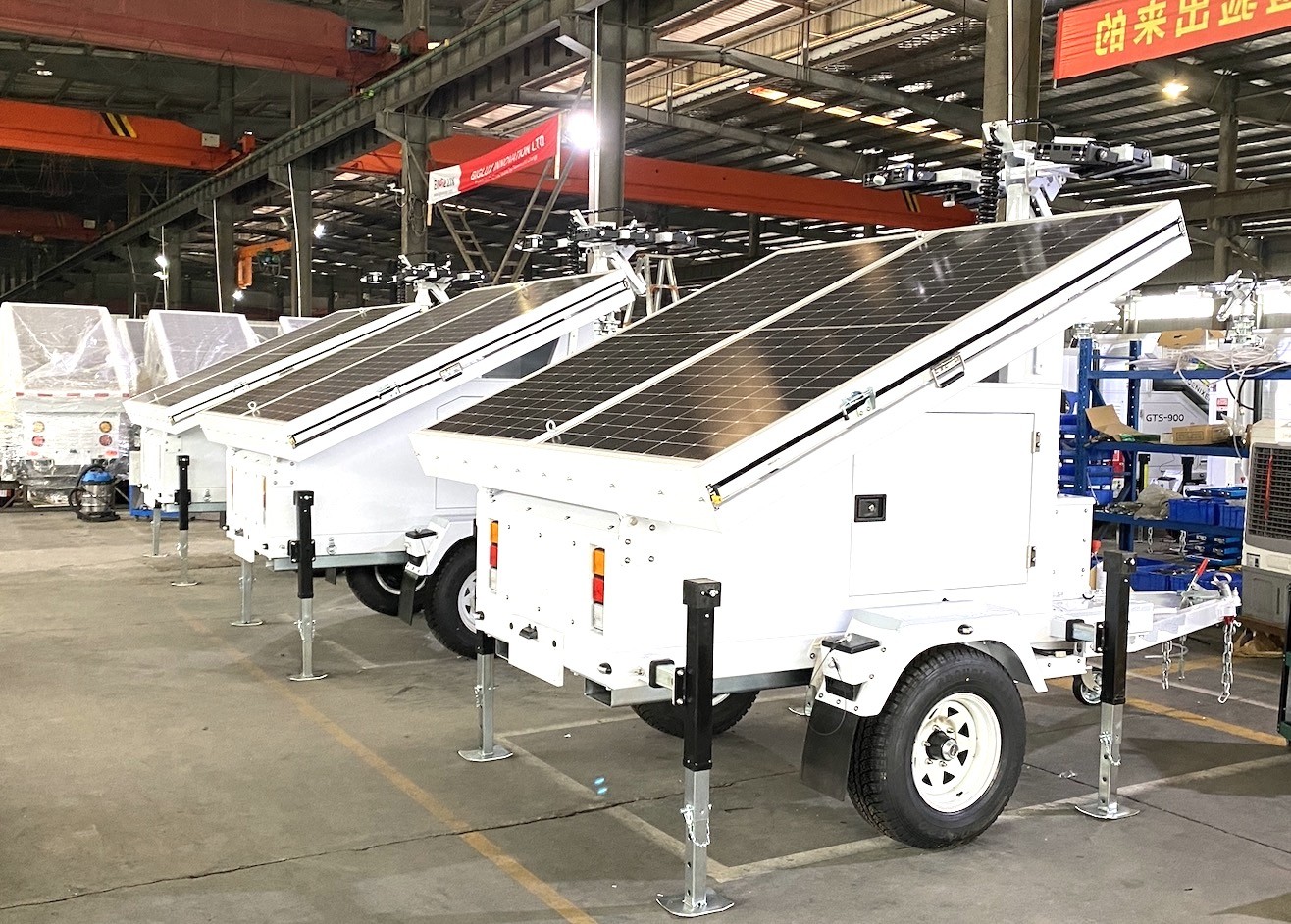 mobile solar trailer lighting tower-9m hydraulic mast-4x435 solar panels-8x200AH batteries