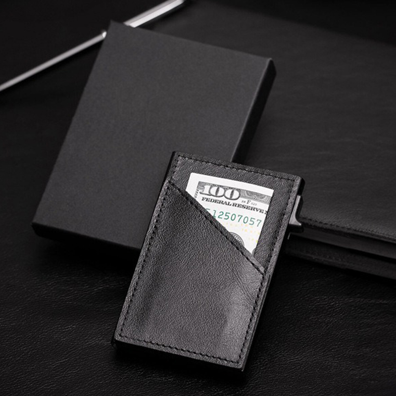 Men's Business Automatic Pop-Up Ultra-Thin RFID Card Holder in Contrasting Leather