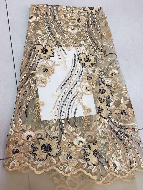 Embroidered Sequin Lace Fabric , Floral Tulle Fabric For Fashion Party Gown Dress