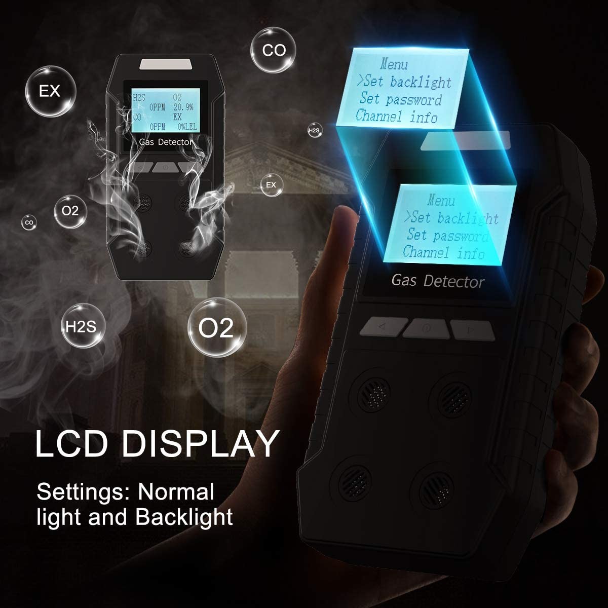 Light Alarm Voice Warning Multi Gas Detector With LCD Display