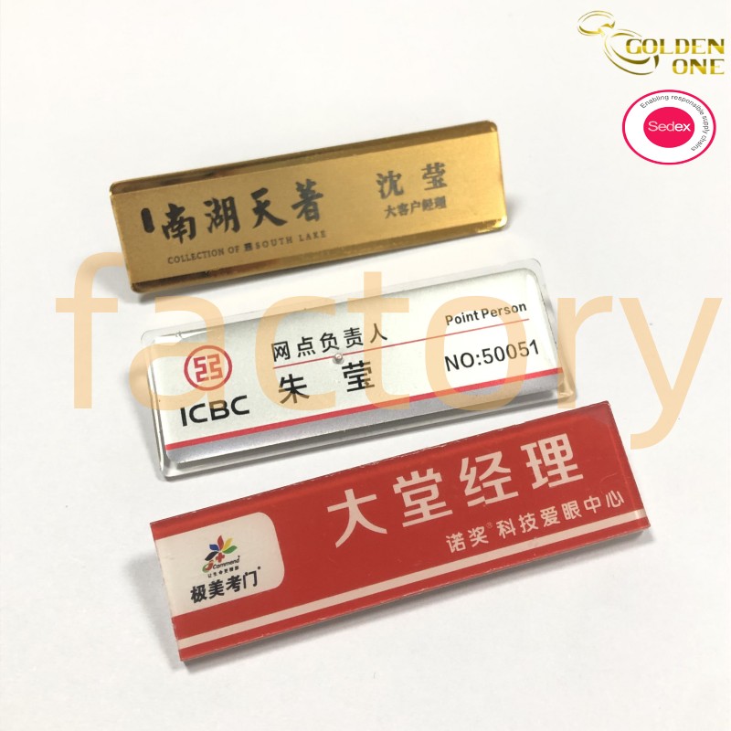 wholesale gold plated labels engrave concave custom embossed brand name logo tags metal name tag with magnet