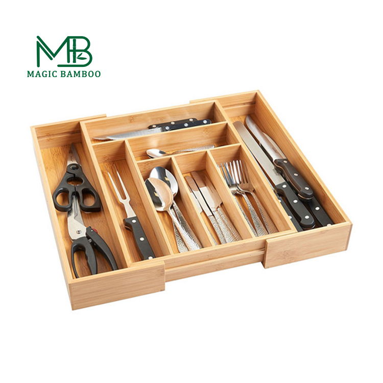 Eco-friendly Rectangle Bamboo Cutlery Serving Tray Set with 8 Adjustable Compartments