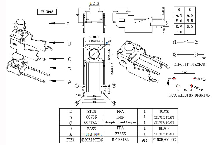 4 Pins Right Angle Tactile Switch Through Hole Bracket Type Insulation Heat Resistance