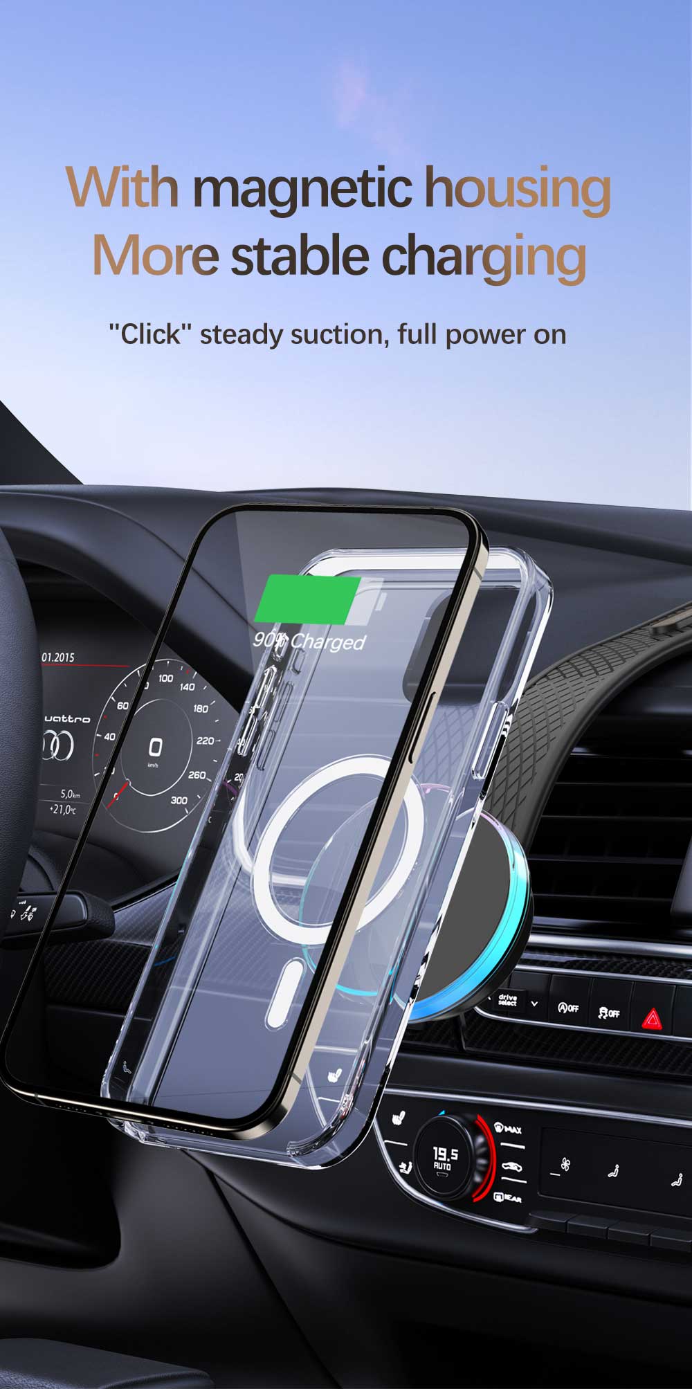 15w Magnetic Wireless Car Charger Pad with ABS Material and Type C Input Port